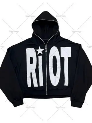 2025新款连帽衫长拉链连帽RiOT印花男女穿着拉链卫衣外套