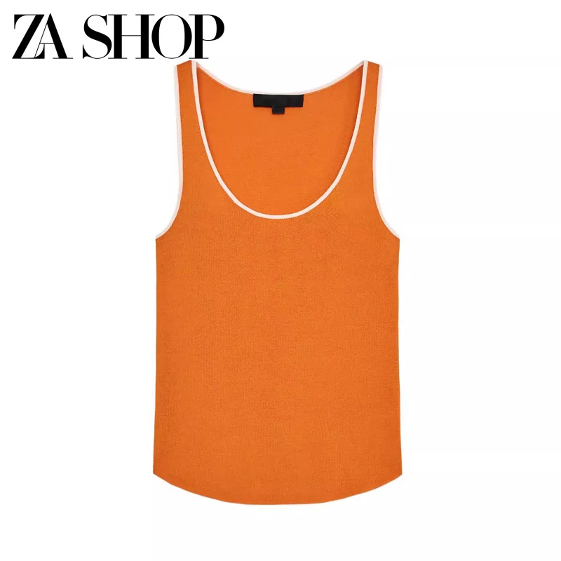 2025 Summer New Women's Clothing Simple Color-Block Trim Round Neck Sleeveless Knitted Vest Top 2142084