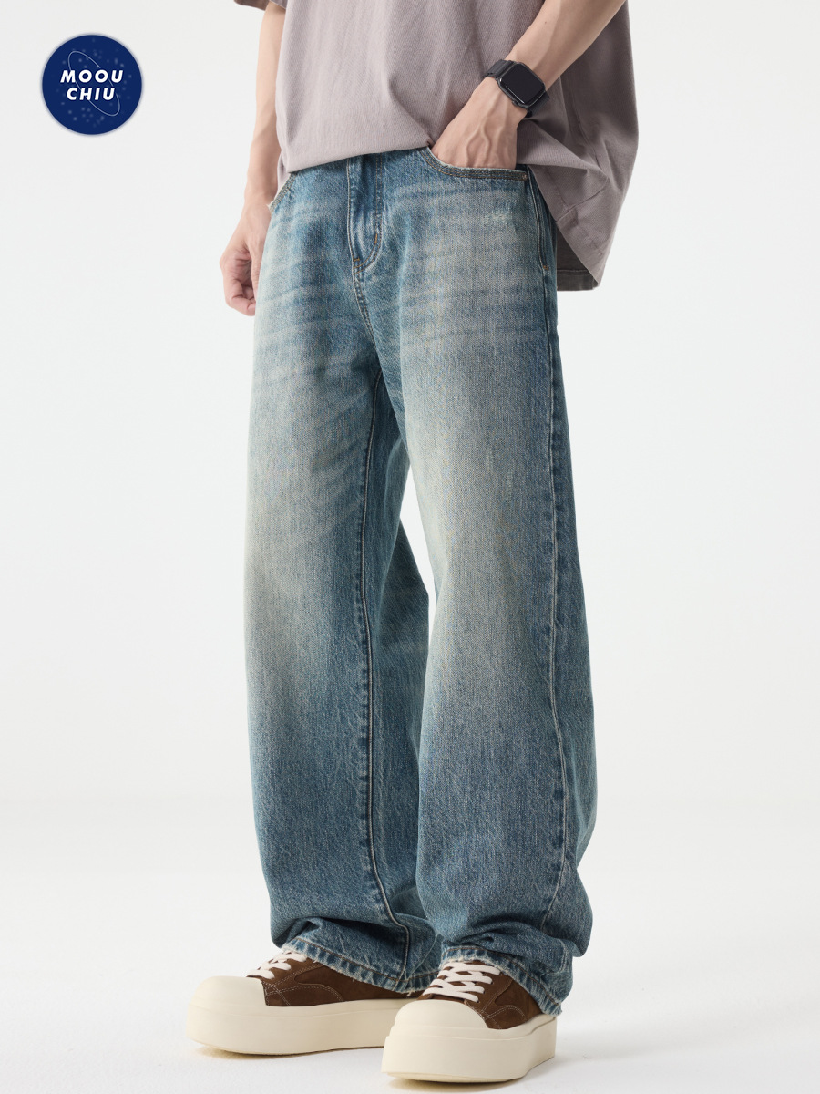 Muqiu Men's Clothing | American-Style Trendy Brand Vintage Washed Jeans for Men, Retro High-End Wide-Leg Long Pants