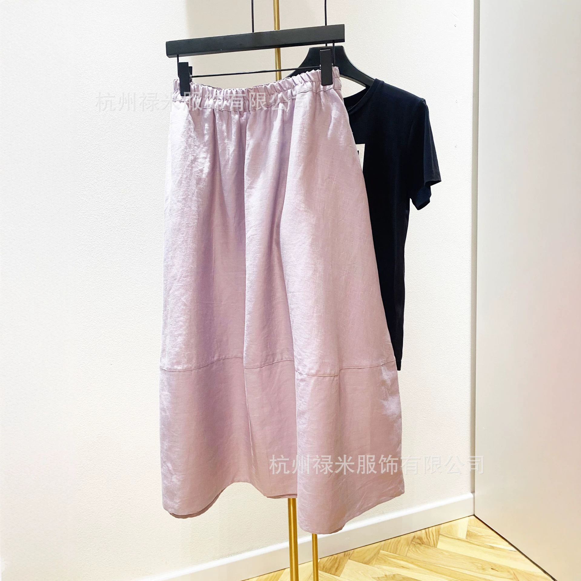 Elegant French-Style Purple Linen Pleated Skirt with Elastic Waist, Available for Wholesale