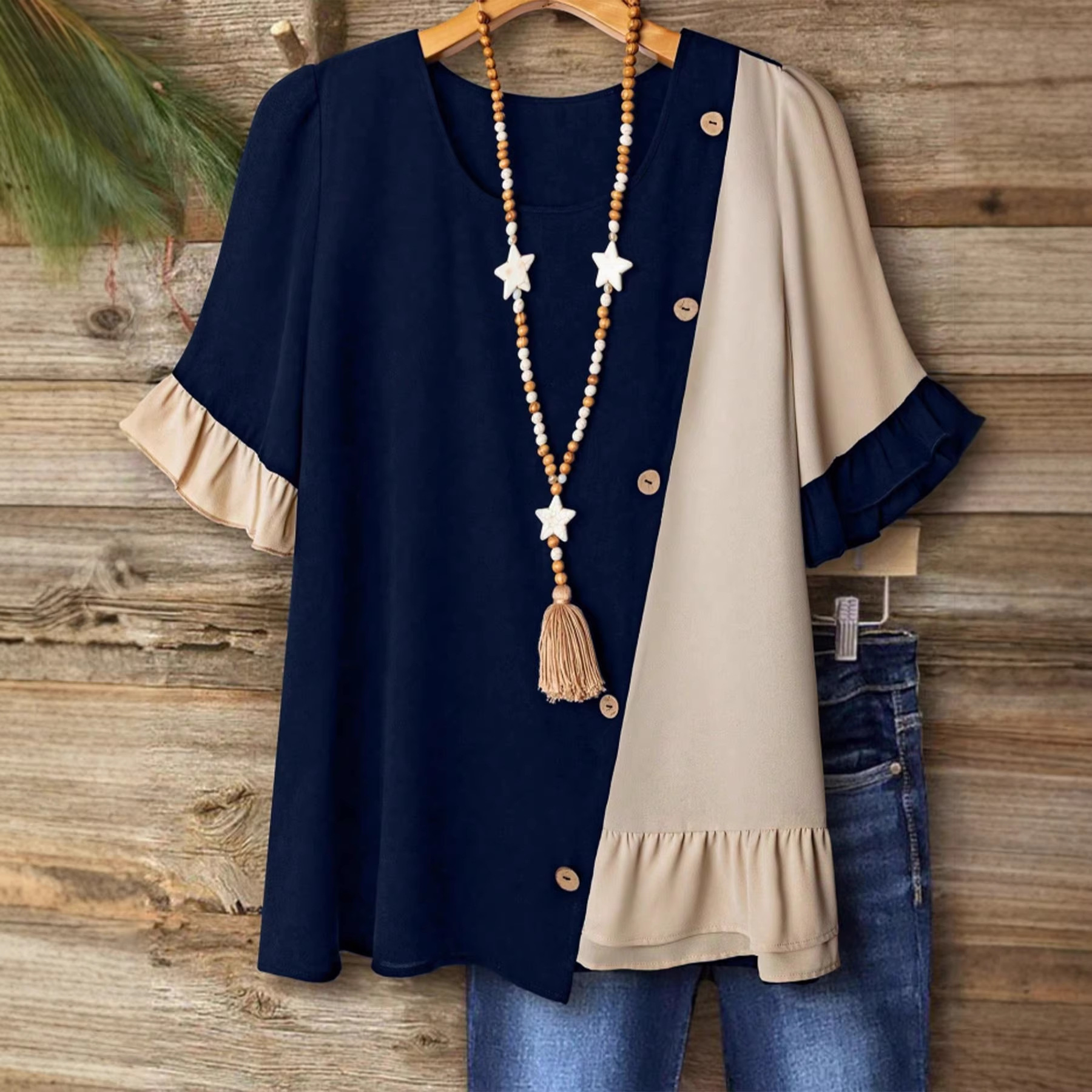 Summer New Design Color-Blocked Button-Up Plus-Size Women's Loose Round-Neck Ruffled Short-Sleeve T-Shirt, Loose Fit to Cover the Body