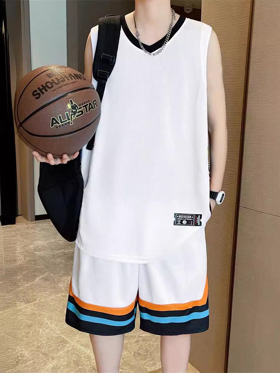 Ice Silk Basketball Suit suit Men's Summer Sleeveless T-shirt Men's Fashion Brand V-neck Vest Youth Leisure Sports Two-piece Set