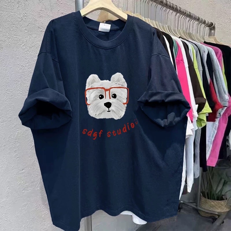 American-Style Pure Cotton Short-Sleeved T-Shirt for Men and Women, Casual Cartoon Dog Print, High-End Street Style Loose Half-Sleeve Top