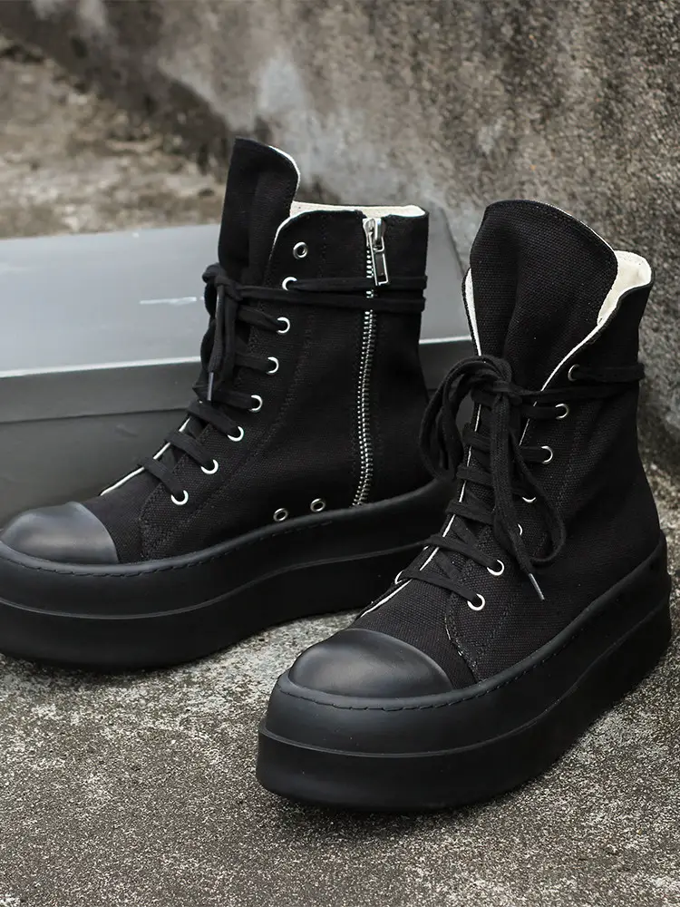 Ro shoes, all black high top canvas shoes, men's thick soled height increasing casual board shoes, women's couple style, niche design, trendy shoes