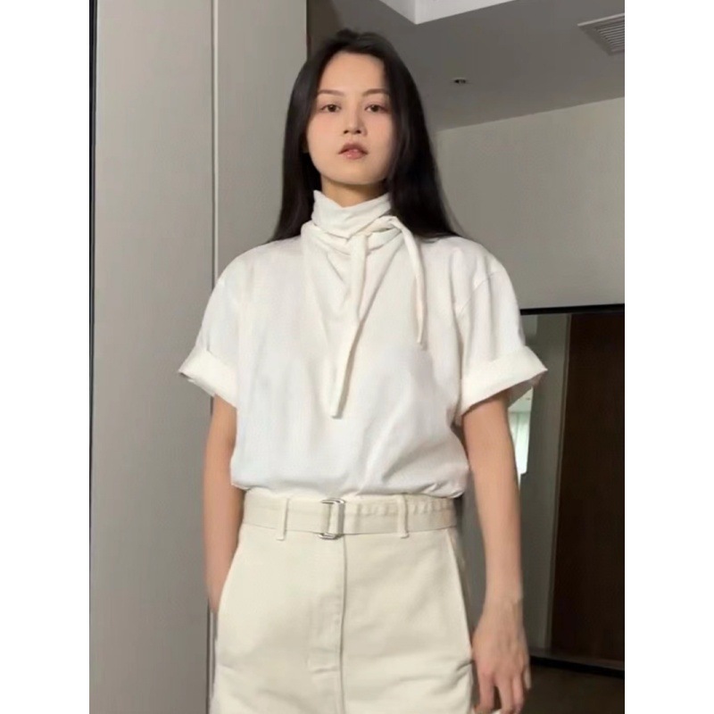 Longmei Loose Scarf Collar Short-Sleeved Women's T-Shirt 2026 Spring and Summer New Lem Style Simple Commuter Ribbon Top