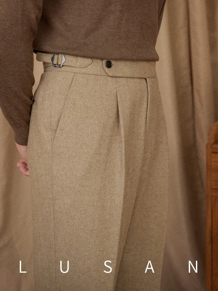 Mr. Lu San 40% Wool Winter Thick Warm Naples Casual High-Waisted Straight-Leg Dress Pants for Commuting, Vintage Men's Style