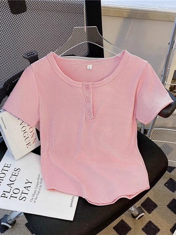 2026 Spring/Summer New Style Regular Shoulder Round Neck Short Sleeve T-Shirt with Button Design, Korean Style Ribbed Petite T-Shirt Top for Women