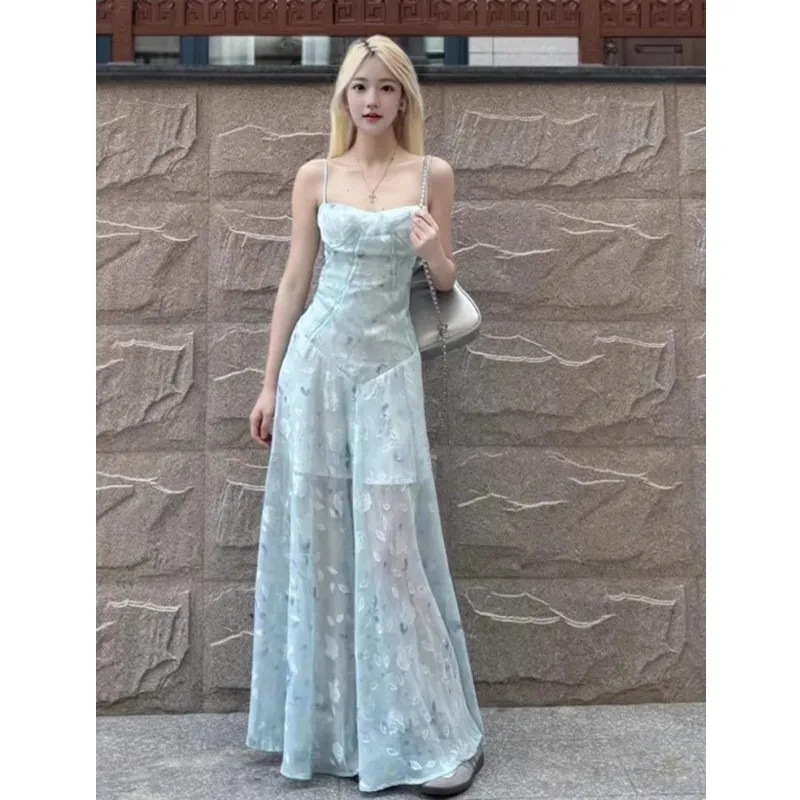 French Seaside Resort Style Floral Suspender Dress Summer New Temperament Waist Slimming Fairy Long Skirt Trendy