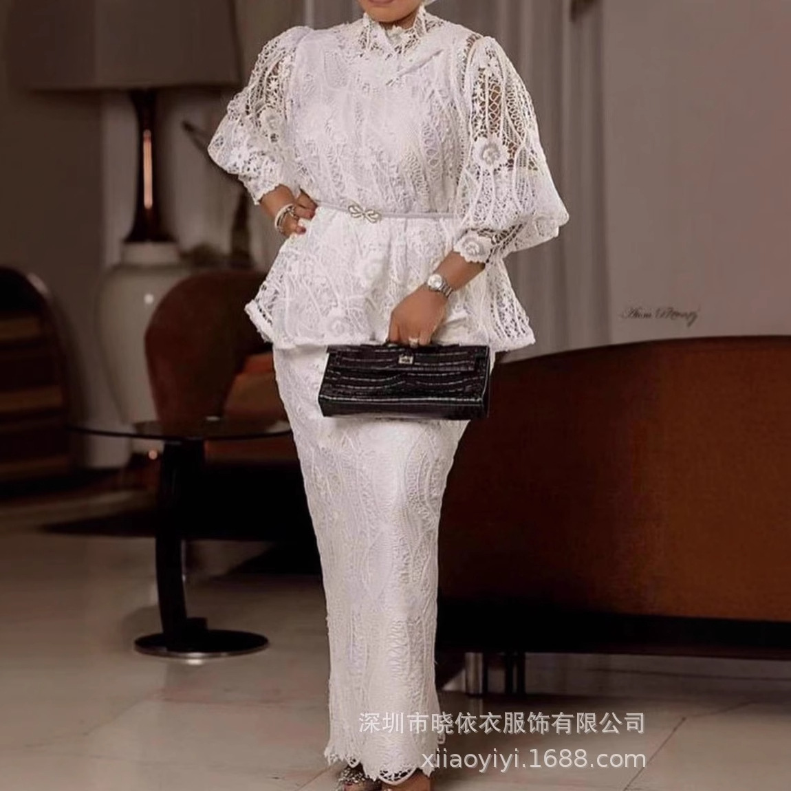 Amazon Cross-Border Trade European and American New Style Water-Soluble Embroidery Plus-Size Lace Long-Sleeve Top and Long Skirt Women's Suit