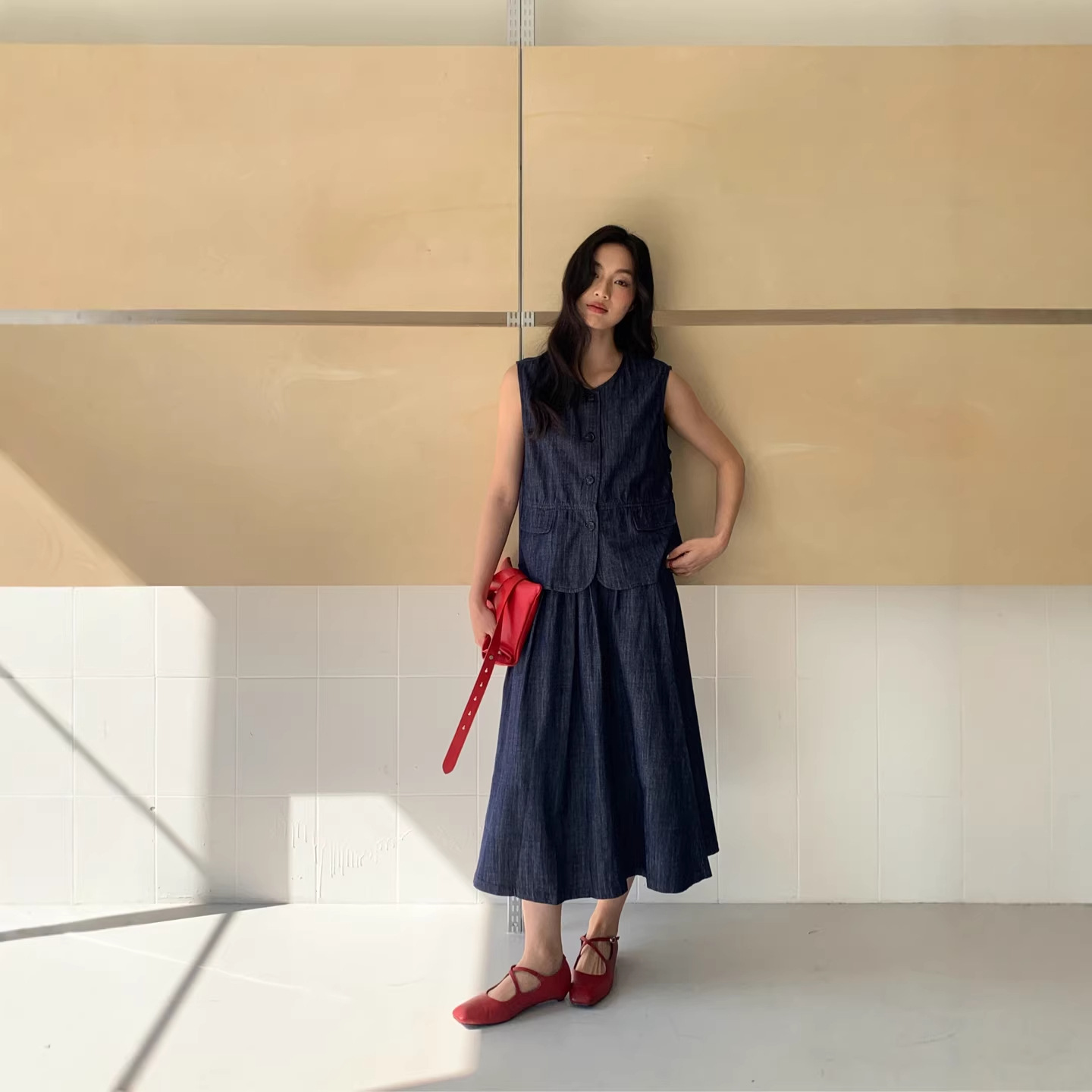 Spring New Style Artistic Denim Vest Cardigan Mid-Length High-Waisted Skirt Casual Suit for Women