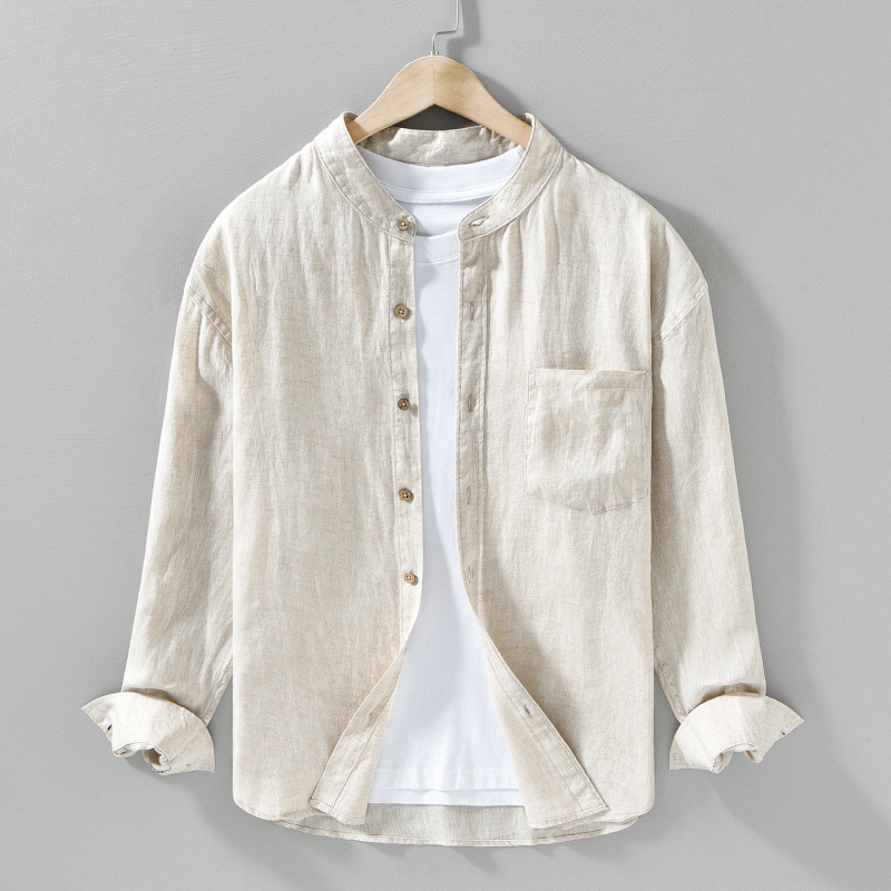 Spring and Summer Linen Long-Sleeved Shirt for Men, Casual, Versatile, Loose, Simple, Artistic, Thin Linen Stand-Up Collar Shirt 3329