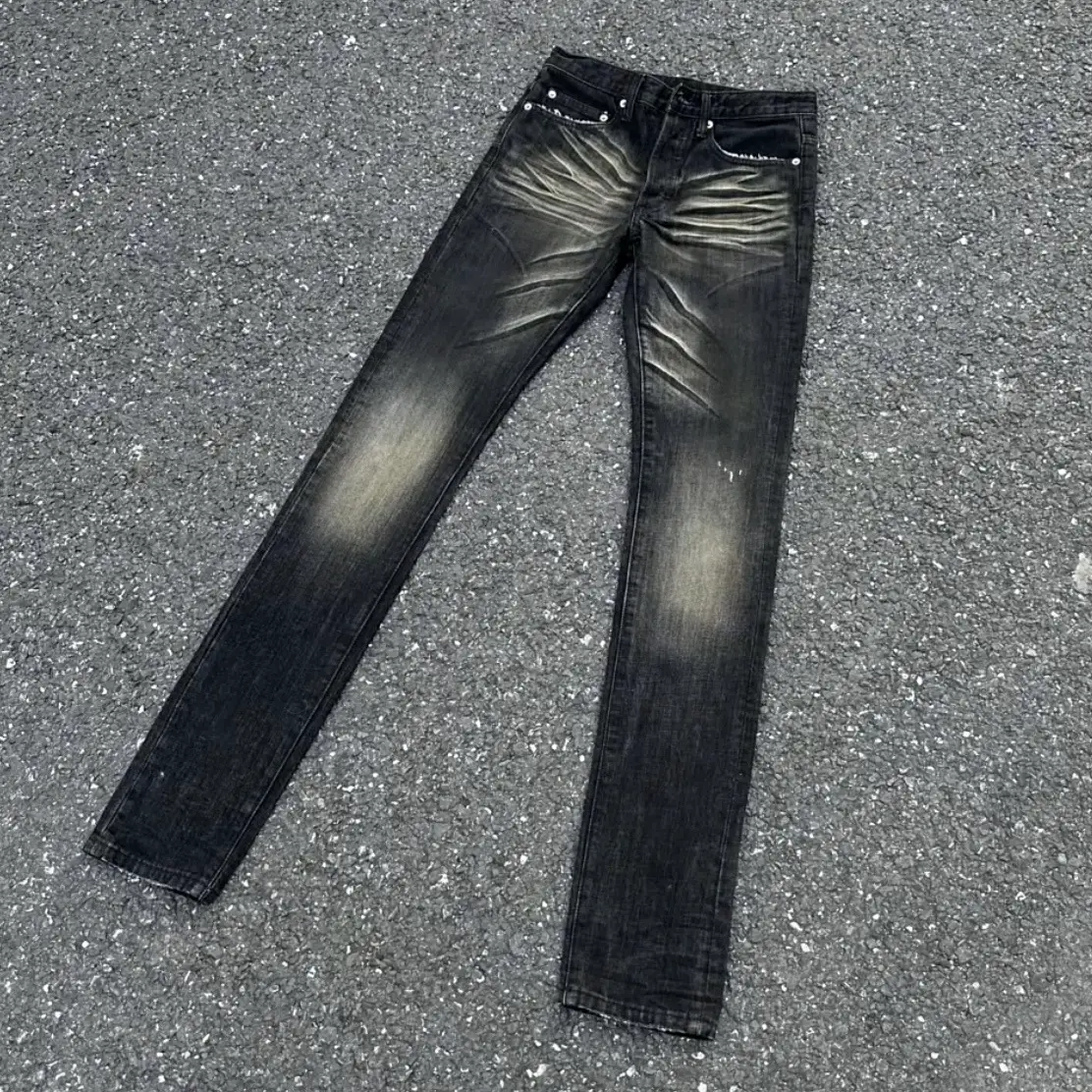American High Street Cleanfit Style Washed Black Skinny Jeans Ghost Claw Slim Long Pants for Men and Women Couples