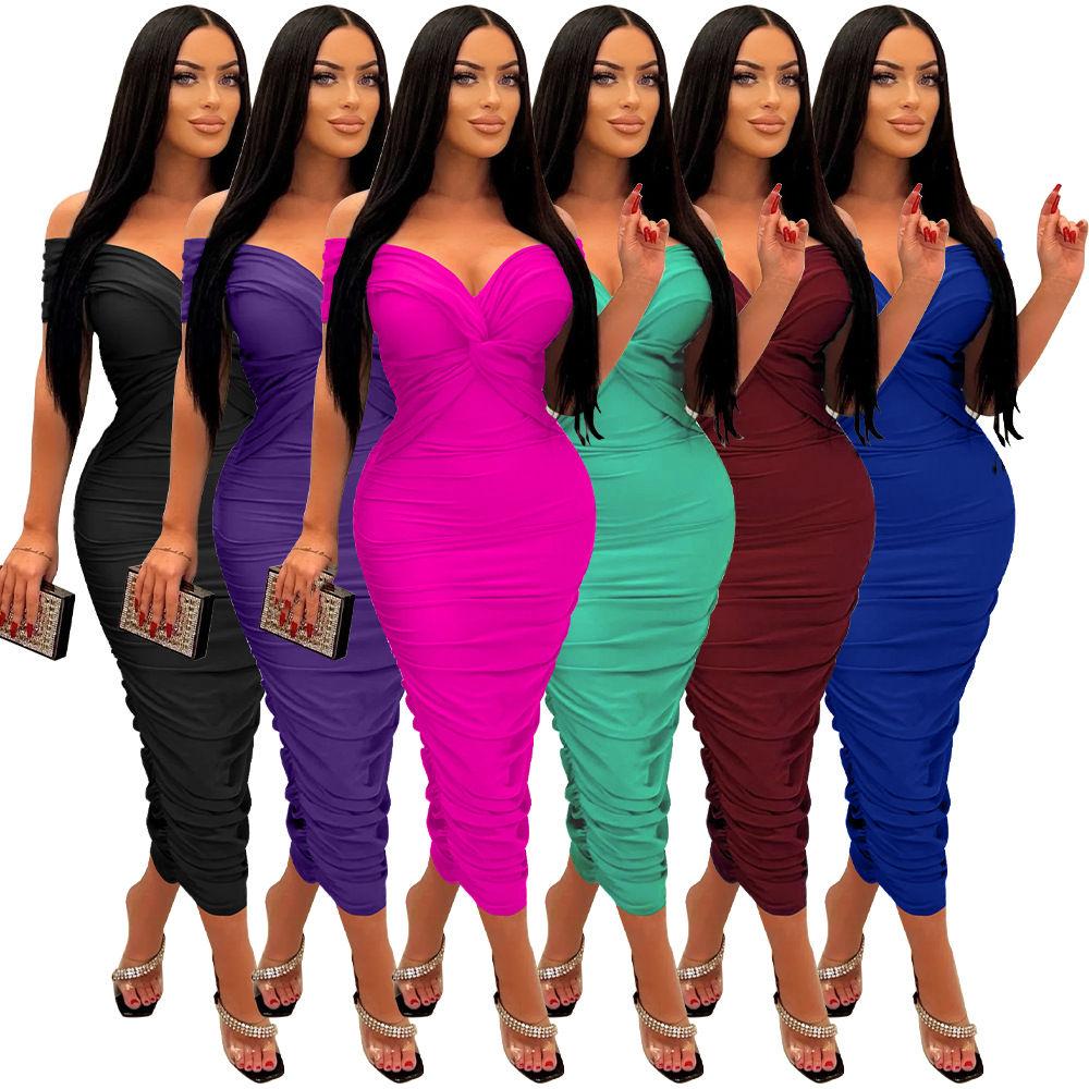 10373 independent station Amazon explosions European and American fashion women's sexy solid color V collar pleated dress in stock
