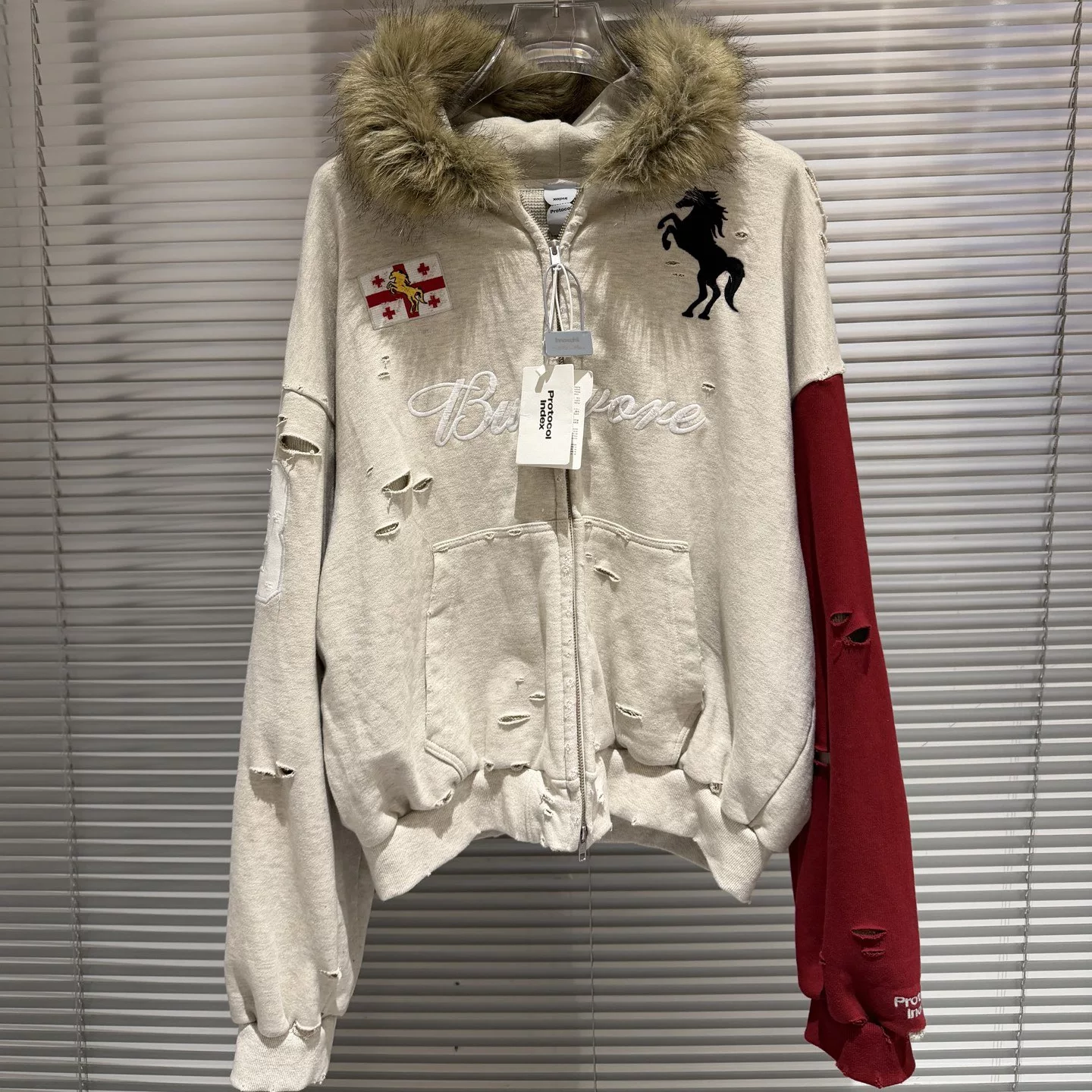 Pure original version Protocol index color blocking, distressed washing, damaged fur collar, war horse hooded sweatshirt jacket for men