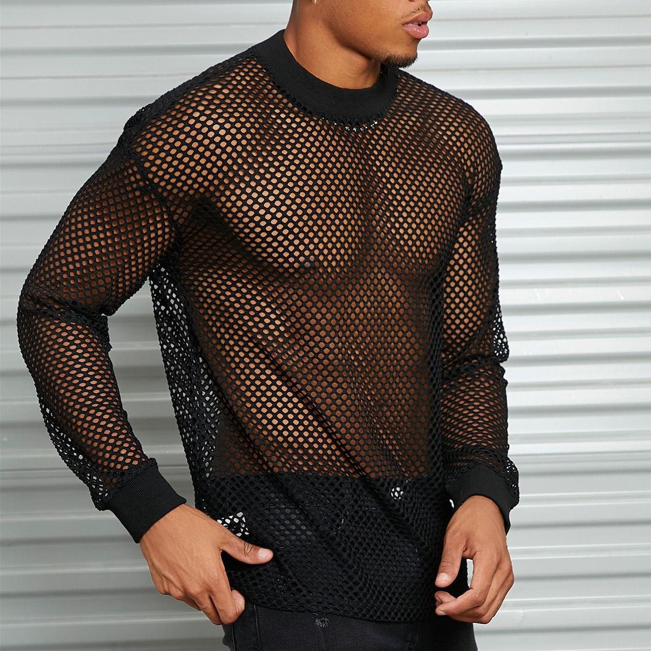 Men's Mesh Long-sleeved Shoulder Perspective T-shirt Fitness Breathable Mesh Hollow Base Shirt Trendy Men's T-Shirt
