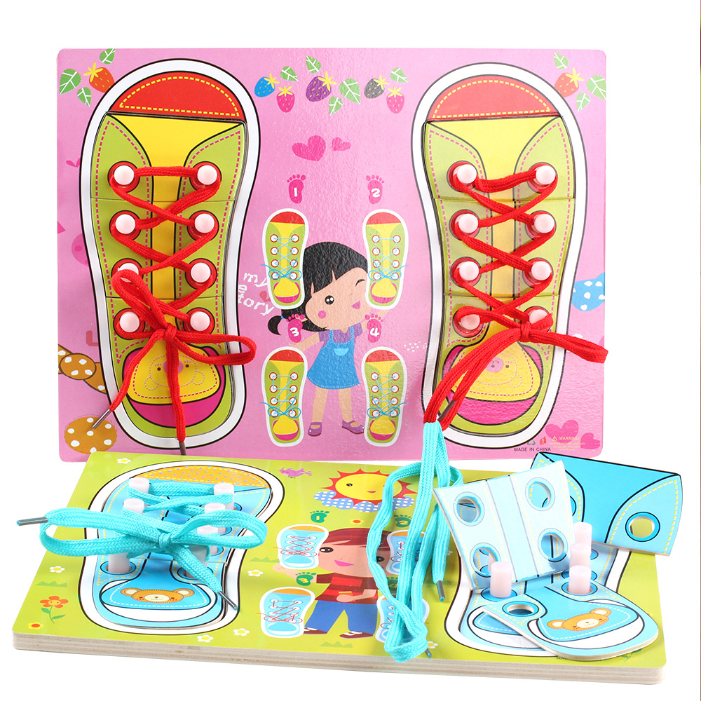 Children's Wooden Men's and Women's Shoes with Shoelaces Puzzle Learning to Wear Shoes Puzzle Puzzle Early Education Toys Dropshipping Assembly