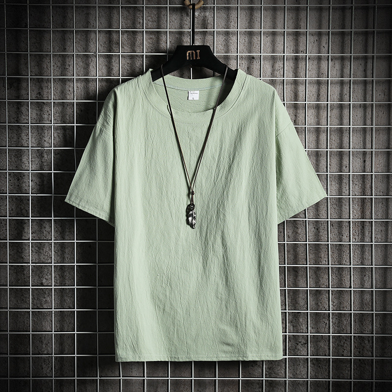 Men's Half Sleeve Linen T-shirt Cotton Linen Short Sleeve Chinese Style Linen Material Top Half Sleeve Loose T-shirt Large Size T-shirt Men's Wear