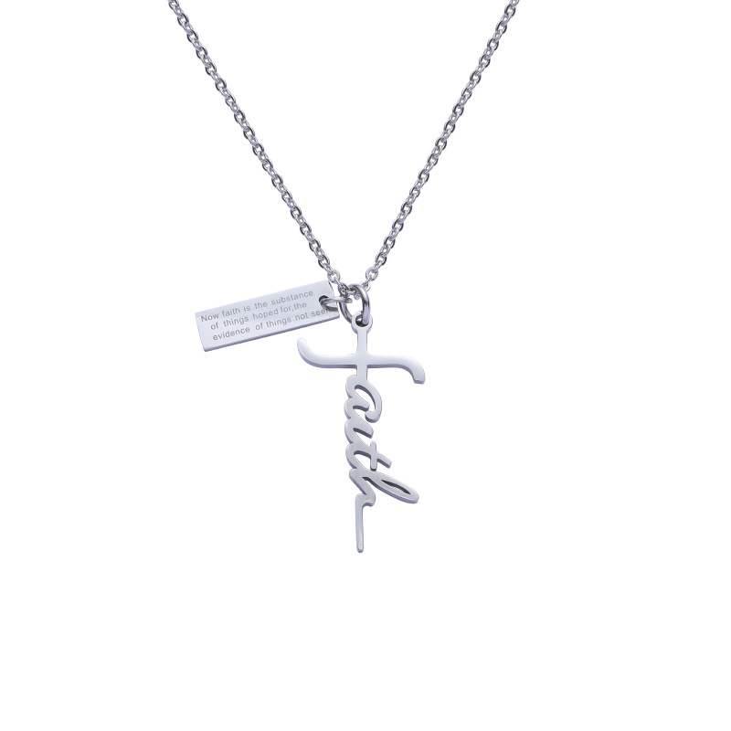 European and American Personality Women's Stainless Steel Cross Necklace English Letter Pendant 11:1 Inspirational Slogan Clavicle Chain