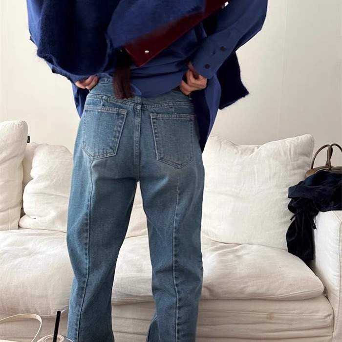 Now South Korea Dongdaemun designer mone same Ribb **bit one line design casual jeans