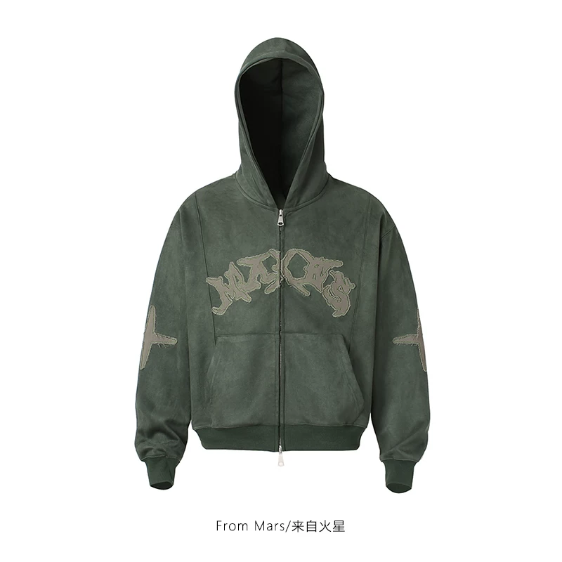 From Mars, slowly carving, painting, American retro letters, ins embroidery, suede, zipper, zipper, hoodie, jacket, trendy brand