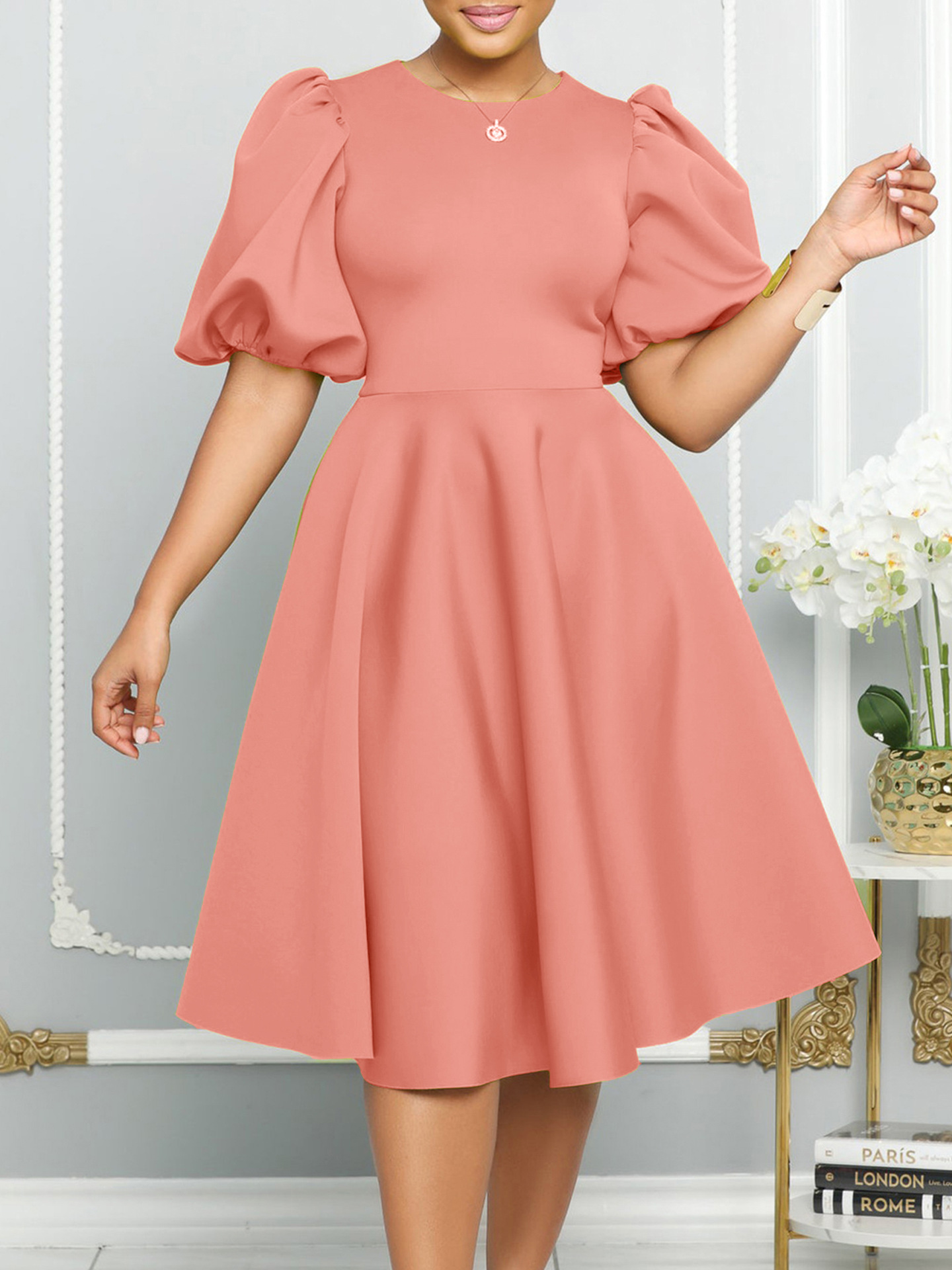 C8631 European and American Women's 2025 Summer Short-sleeved Temperament Round Neck High Waist Large Banquet Evening Dress Foreign Trade dress