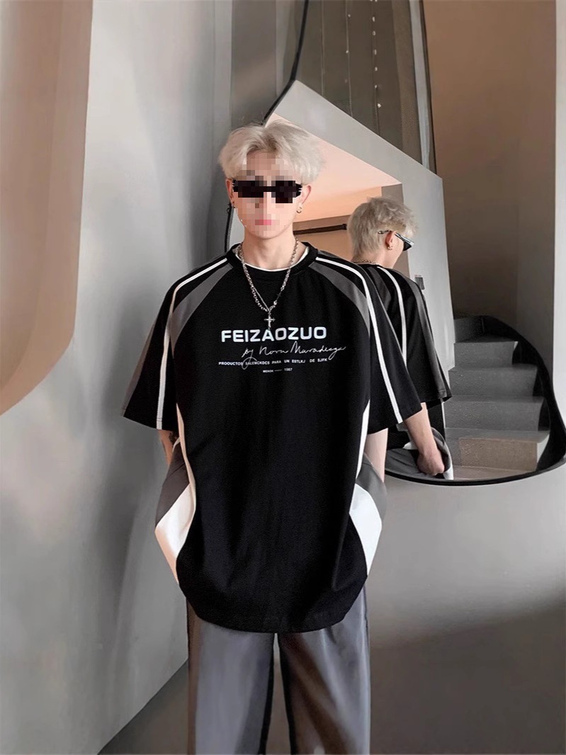 Men's Raglan Sleeve T-Shirt Summer American Biker Style High-End T-Shirt Spliced Trendy Brand Small Neckline Heavy Top