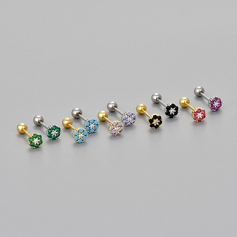 Japanese and Korean Colorful Zircon Flower Screws Women's Ear Studs Exquisite Small and Fashionable All-match High-end Instagram Style Earrings