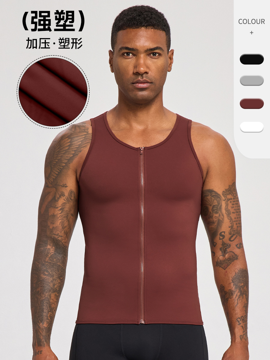 European and American Men's Strong Shaping Tight-Fitting Fitness Clothing Zipper Sports Vest Quick-Drying Running Sports Fitness Vest 51143