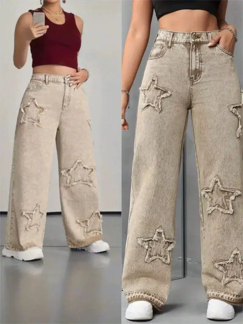 European and American Street Fashion Women's New Style Five-Pointed Star Patch Straight Loose Street Casual Denim Pants Casual
