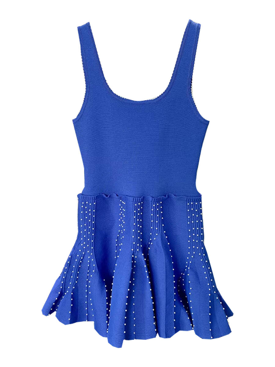 S Brand French Romantic Style 2026 Spring/Summer New Blue Beaded Strapless Sleeveless Dress, Light Luxury Pleated Short Dress