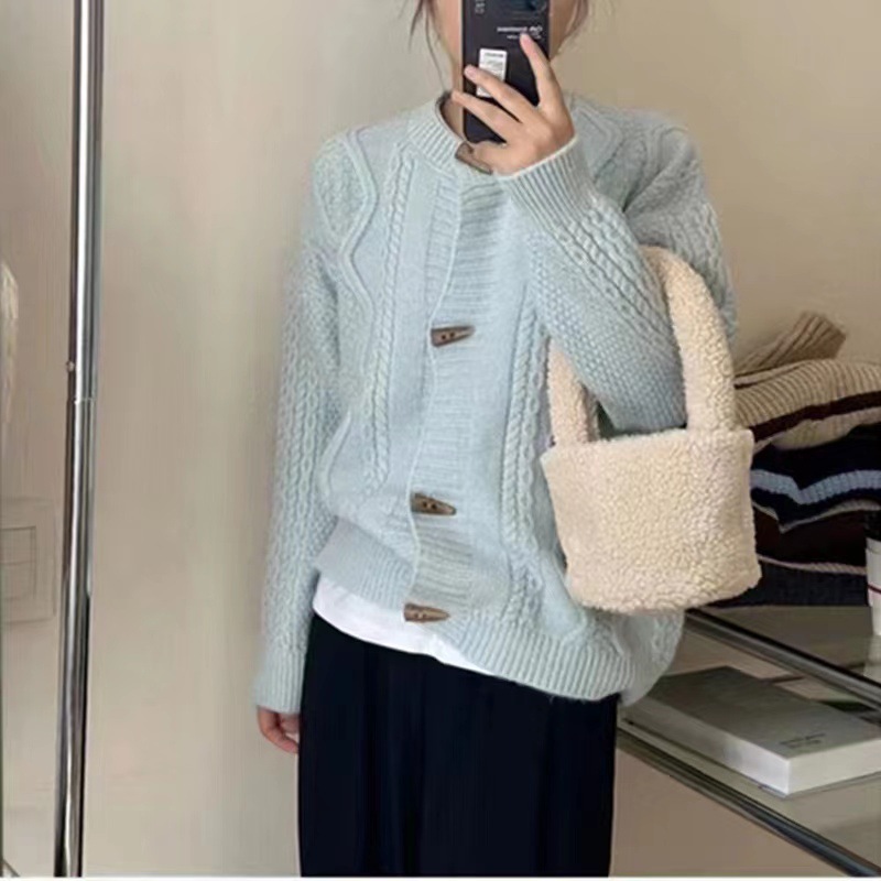 Retro horn buckle knitted cardigan top for women autumn and winter Korean style loose lazy all-match round neck twist sweater coat