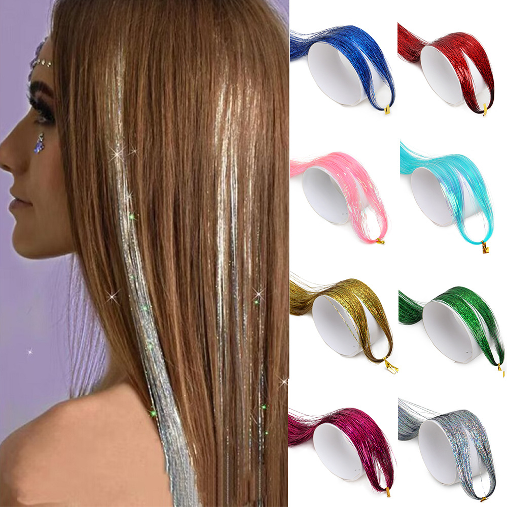 Cross-border explosions laser gold shiny metal wire colorful seamless hair patch factory in stock Tinsel Hair