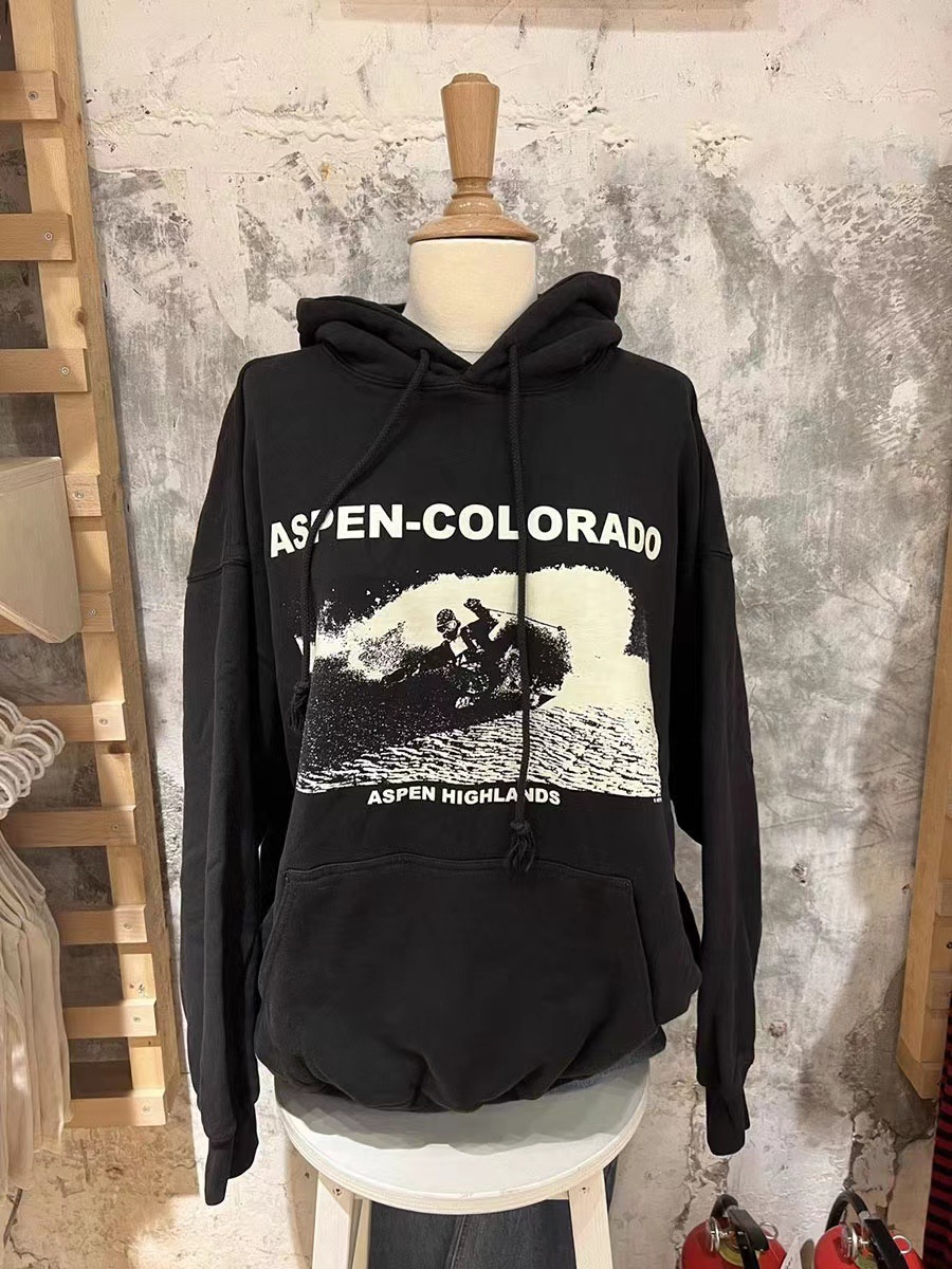 Bm Style New American Retro Aspen Ski Print Hooded Sweatshirt Bm Loose Kangaroo Pocket Jacket Top for Women