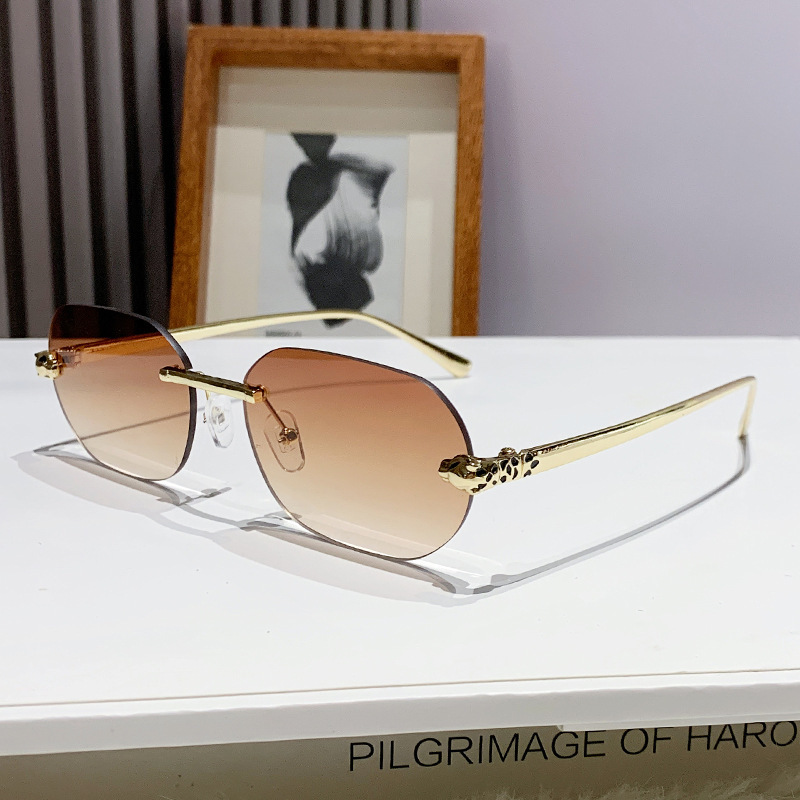 2025 New Metal Trimmed Frameless Sunglasses Polygonal Cheetah Decoration Sunglasses European and American Fashion Sunglasses