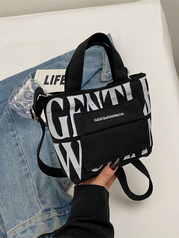 Thailand Gentle Woman Hardware Mini Letter Printed Portable Canvas Bag Contrast Color Casual Shoulder Bag