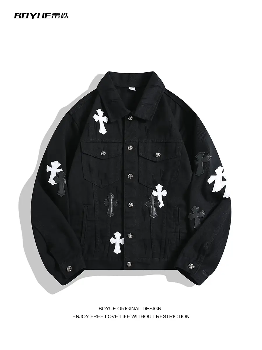 Boyue Silk Jumping European and American Cross Patch Denim Jacket with Handsome Design, Hip-Hop Casual Street Jacket for Men