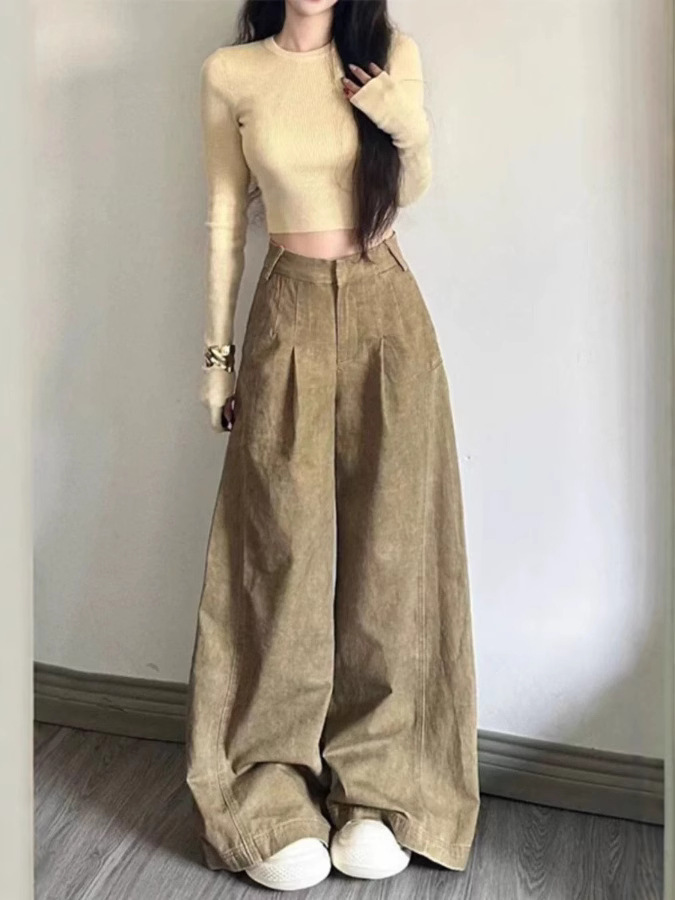 American Retro Distressed Jeans for Women, 2026 Spring/Summer New Style, Loose Fit, Slimming Design, Wide-Leg Floor-Length Pants