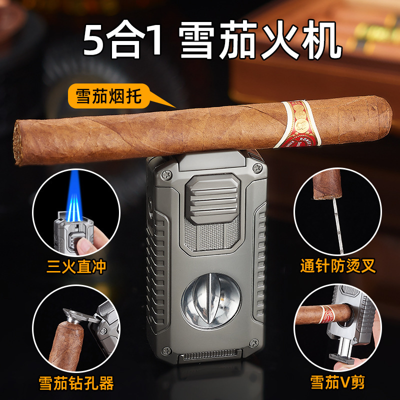 Multi-functional five-in-one three-fire direct cigar special lighter V-shaped cigar scissors portable fire lighter