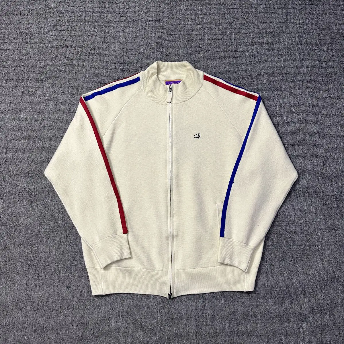 Croteiz Street Hip-Hop Embroidered Letters Stand Collar Zipper Red and Blue Pull-Up Cardigan Knitwear Knitwear Jacket