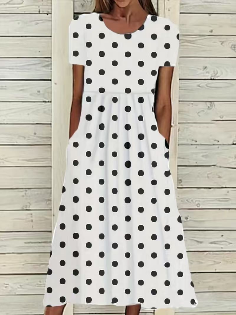 2025 Cross-Border New Summer Fashion Mid-Waist Women's Casual Round Neck Printed Large Hem Women's Dress