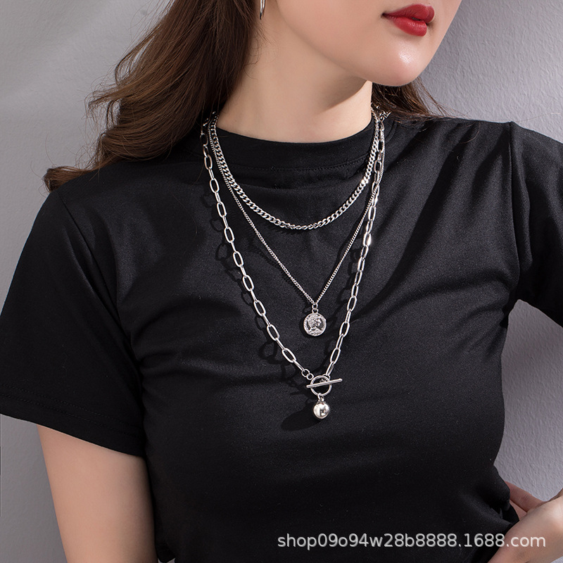 European and American Minimalist Style Harajuku Hip-Hop Three-Layer Necklace Wholesale Beauty Head Coin Metal Ball Street Style Layered Sweater Chain