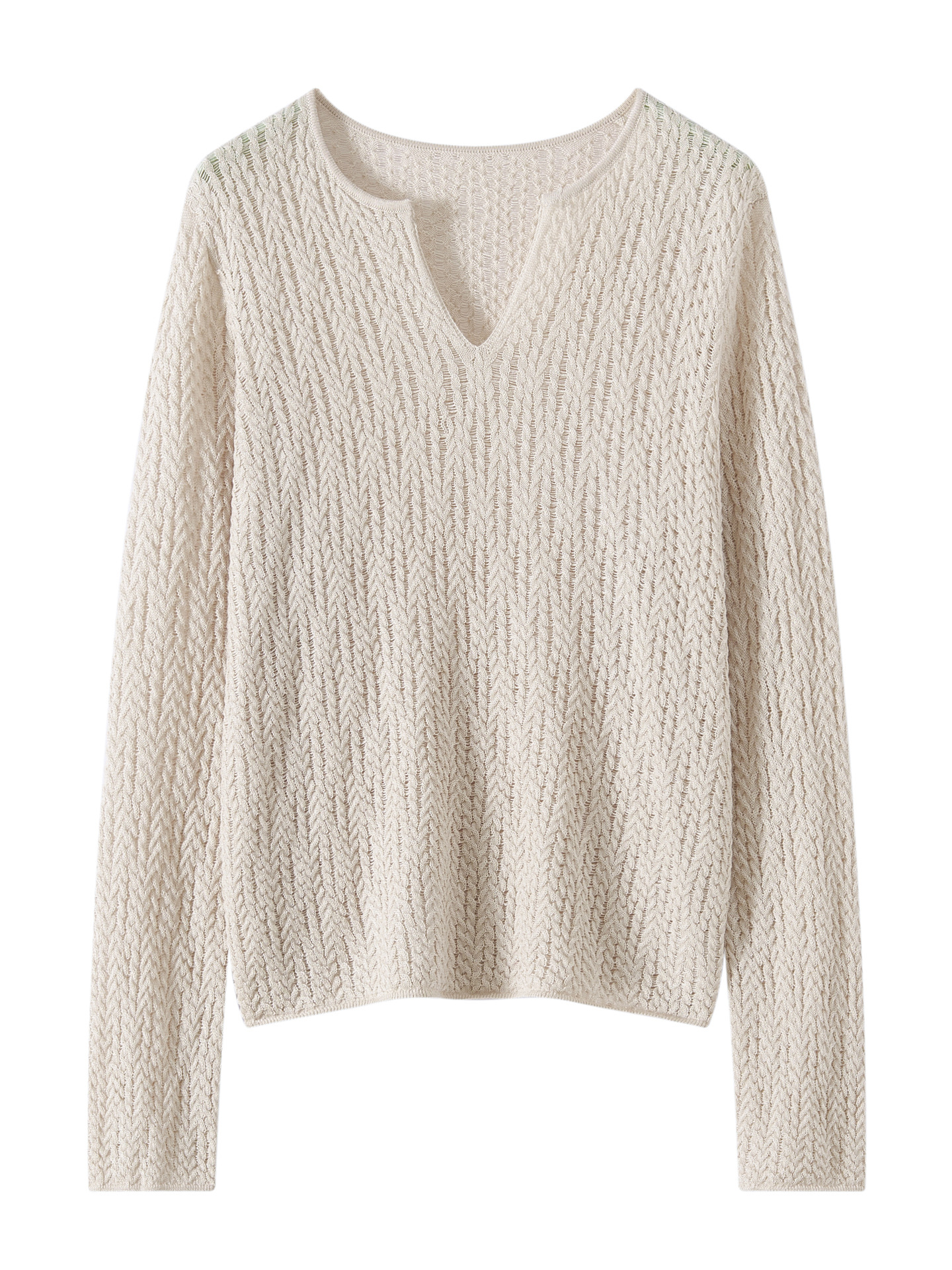 2026 Spring and Autumn New Cashmere Wool Blend Scissor V-Neck Knitted Sweater Long Sleeve Women's Hollow Out Solid Color Base Shirt