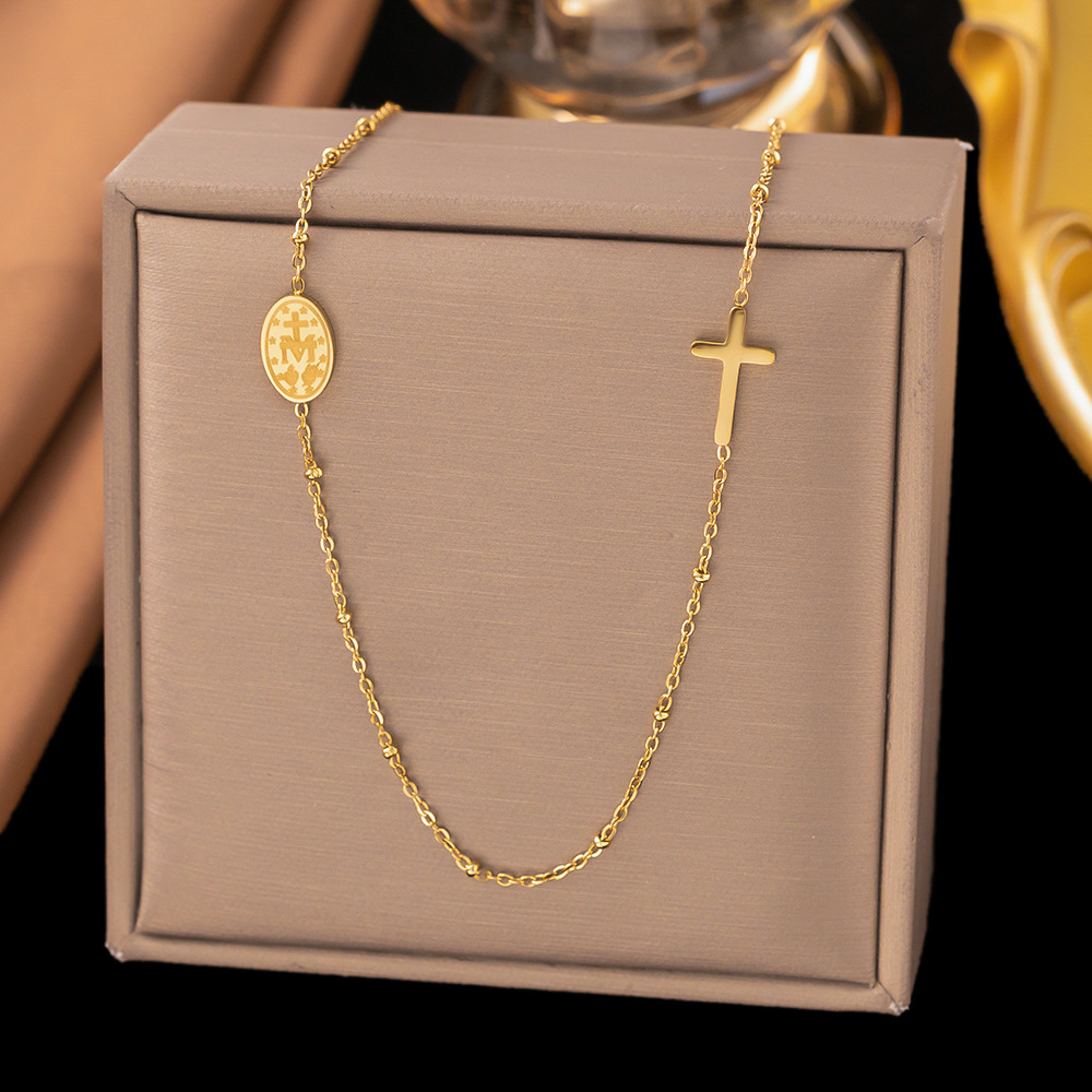 Cross-Border Titanium Steel French Retro Fish Cross Necklace for Women, Light Luxury Niche Minimalist Style Adjustable Clavicle Chain Wholesale