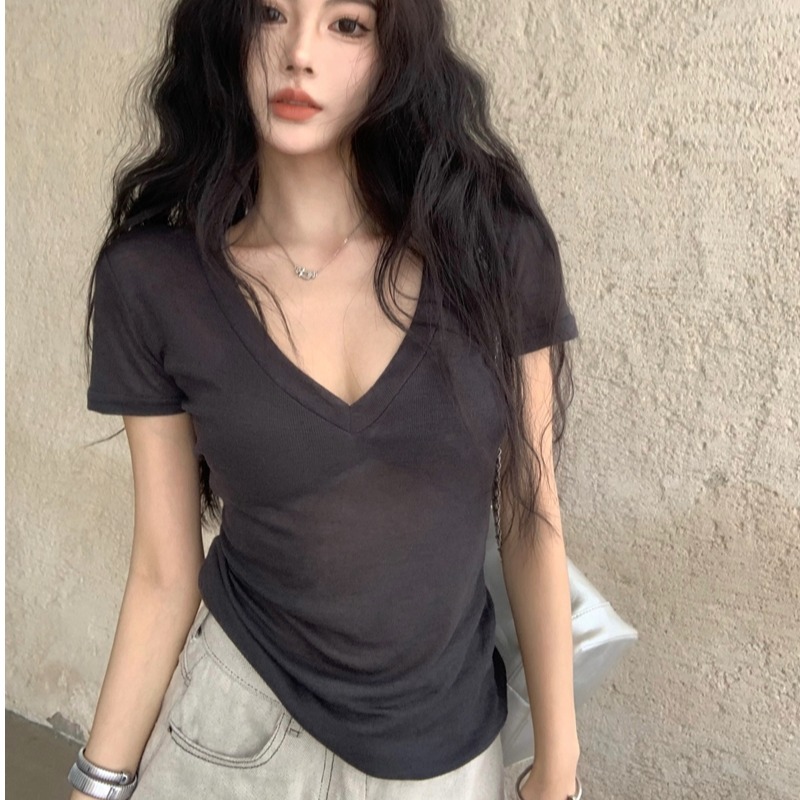 High-End Pure Desire Summer Sexy Style Thin Slightly See-Through Sexy V Neck T-Shirt Women's Fashionable Clavicle Short-Sleeved Top