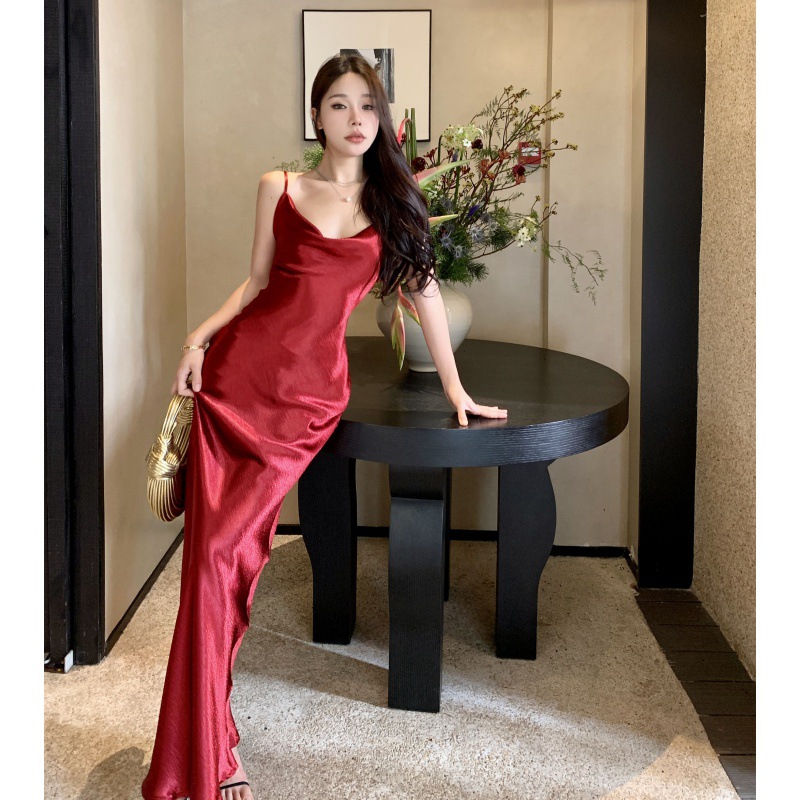 Designed Fishtail Evening Dress Long Skirt Women's Summer Atmosphere Sexy French Pure Color Satin Suspender Dress