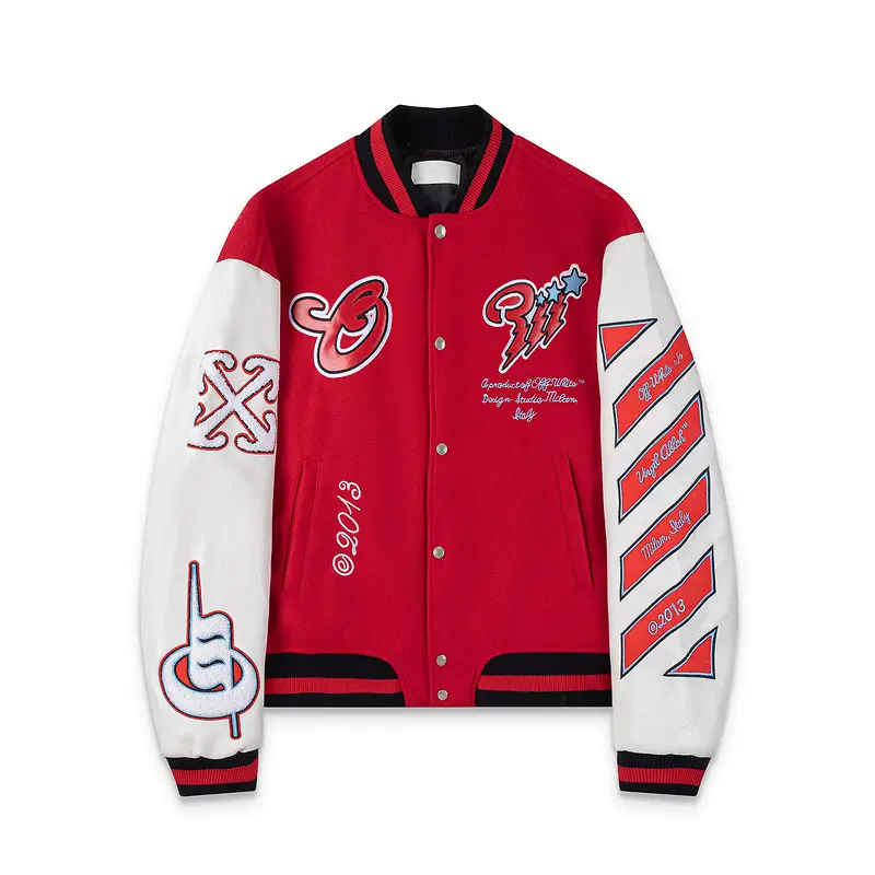 Cross-border European and American Tide Brand OW Heavy Industry Embroidered Hot Drilling Leather Baseball Suit Jacket for Men and Women Couple High Street Jacket