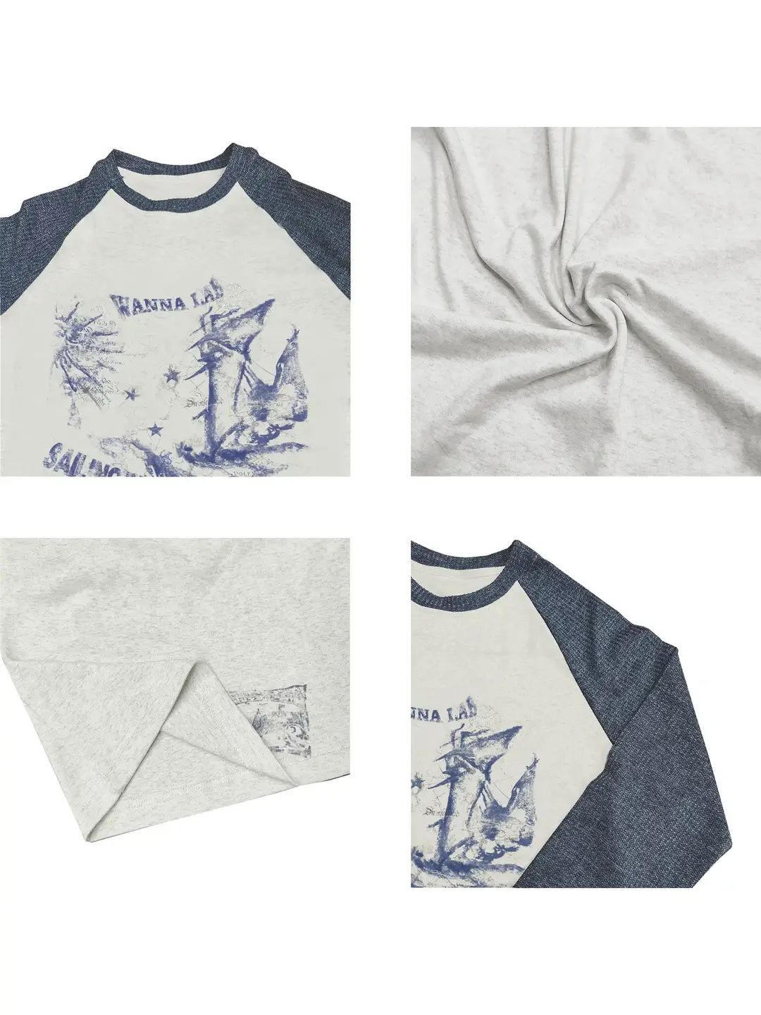 Wanna Lab 25Fw "Nautical Chart" Washed Vintage Print Retro Color-Block Raglan Long-Sleeve Cotton Base T-Shirt