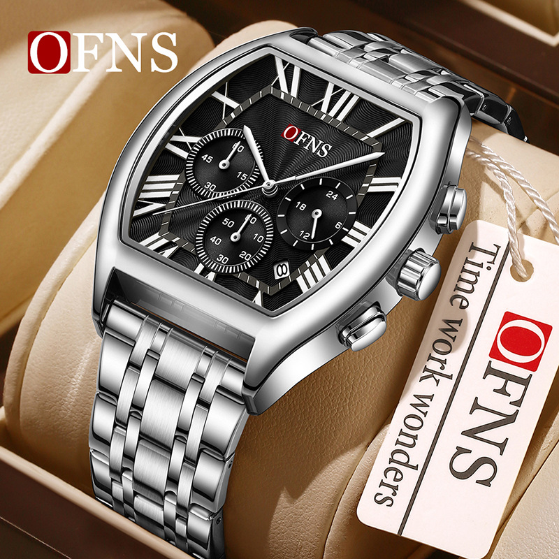 Ofns Steel Band Quartz Watch with Six Hands, Calendar, Chronograph, 30m Waterproof, Business Watch, Fashionable Barrel-Shaped Commuter Watch for Men