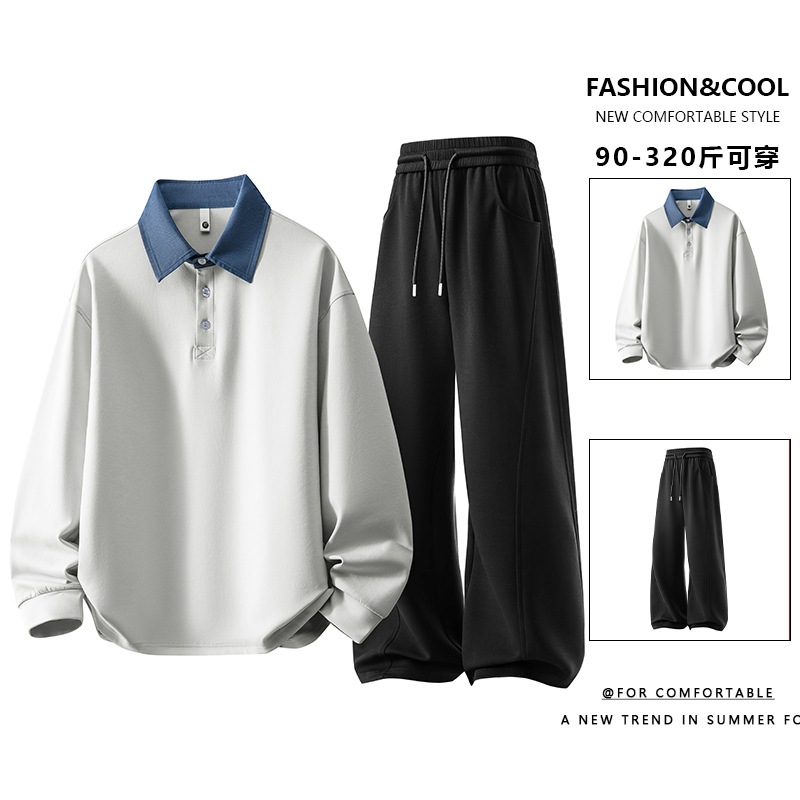 Casual Sports Suit for Men, Large Size, Round Neck Sweatshirt and Sweatpants, Fashionable Versatile Top and Oversized Long Pants Two-Piece Set