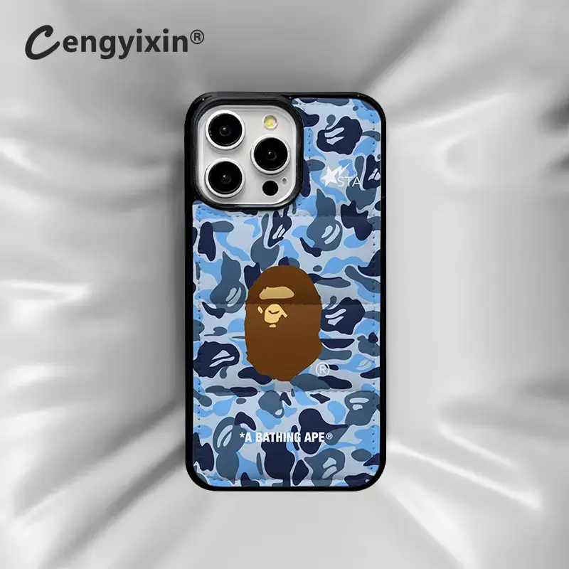 European and American Trendy Brand Bape Ape Head Suitable for Apple 16Promax down Jacket Mobile Phone Case Couple Fashion Men and Women iPhone 15 Pro High-End 13 Cotton-Filled Air Cushion All-Inclusive Anti-Fall Protective Cover
